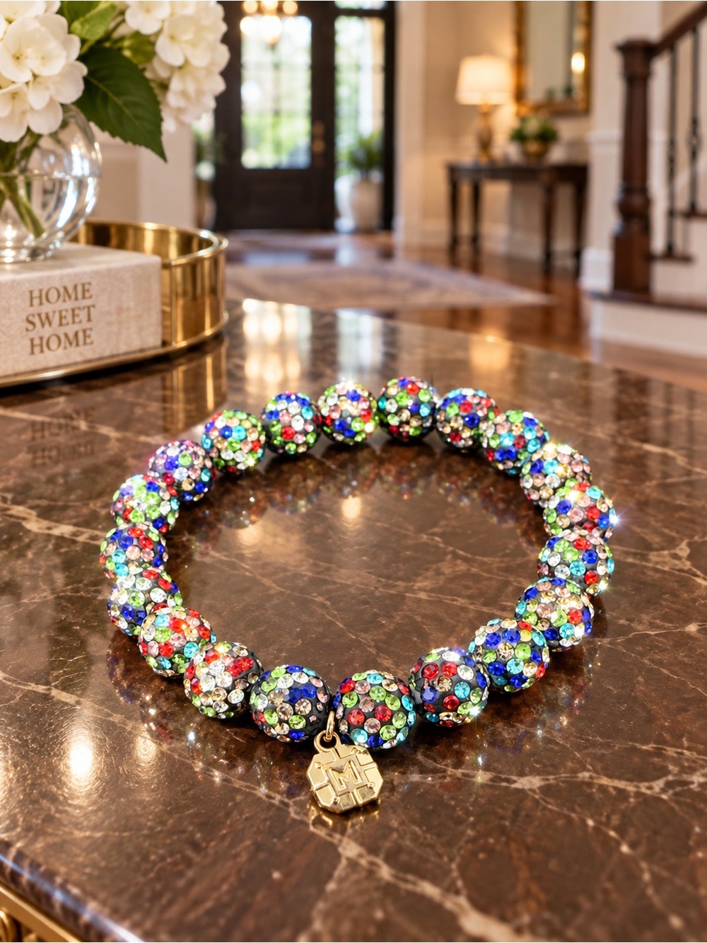 Multicolor Rhinestone Beaded Stretch Bracelet Gold Tone Charm Sparkle Statement